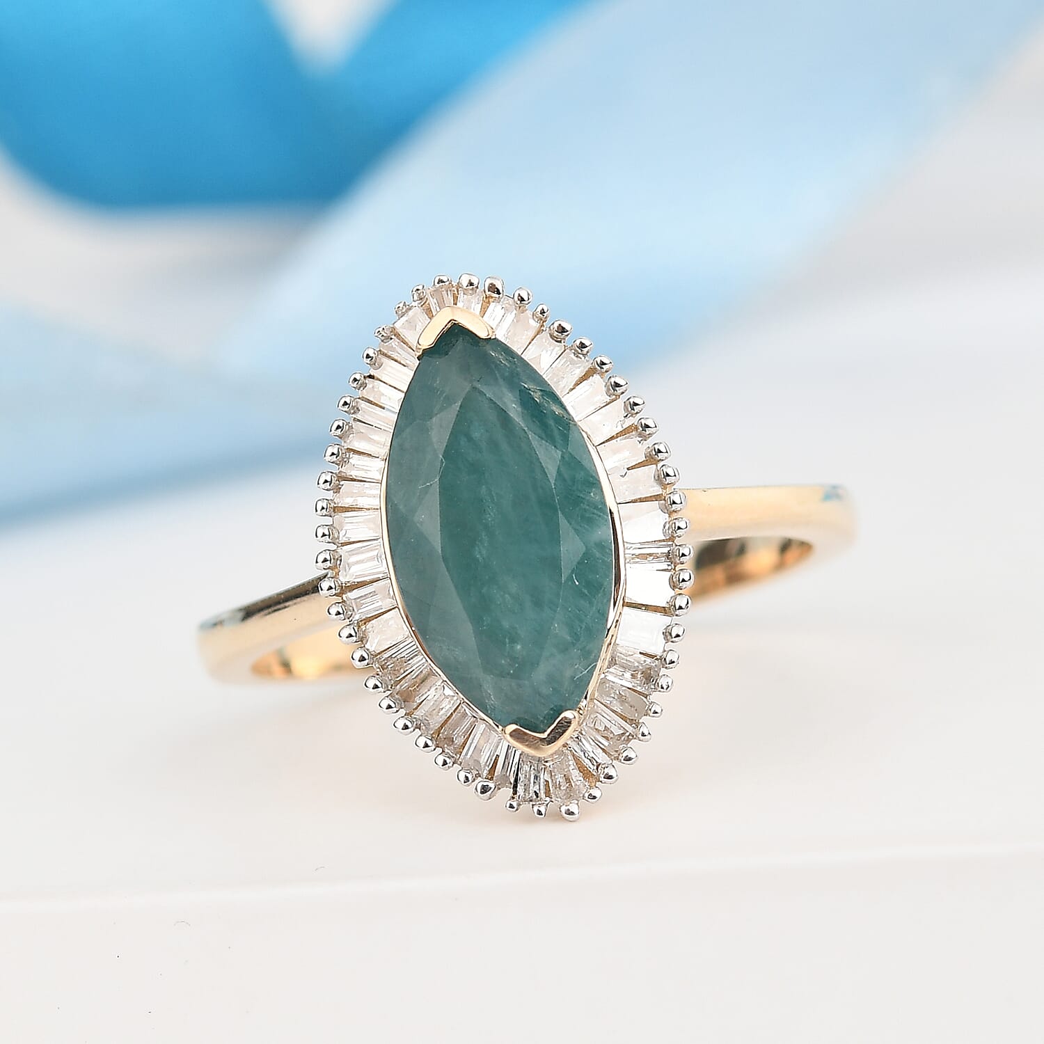 9K Yellow Gold AAA Grandidierite and Diamond Halo Ring 1.95 Ct.