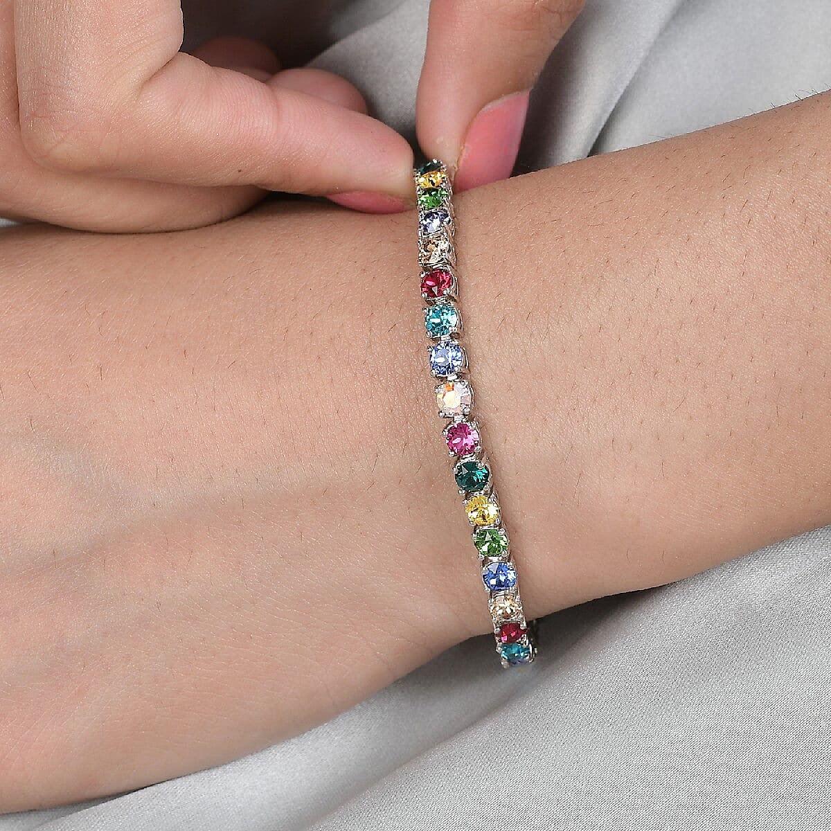 Lustro Stella Rainbow Colour Crystal Bracelet (Size 7) in Silver Tone