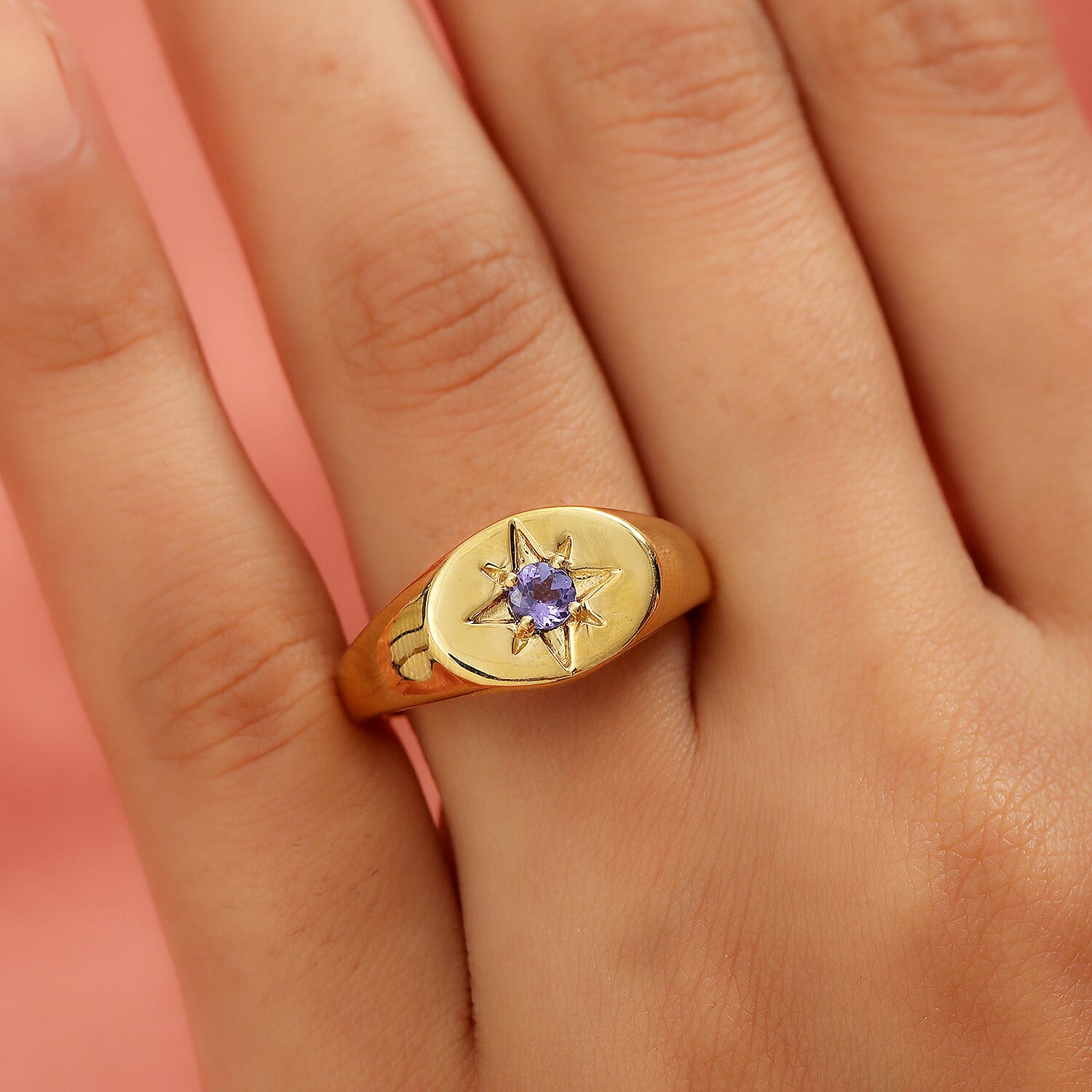 Tanzanite Star Signet Ring in 14K Gold Overlay Sterling Silver