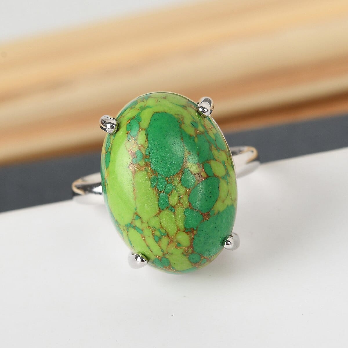 Green Mojave Turquoise Ring in Platinum Overlay Sterling Silver 10.75 Ct.
