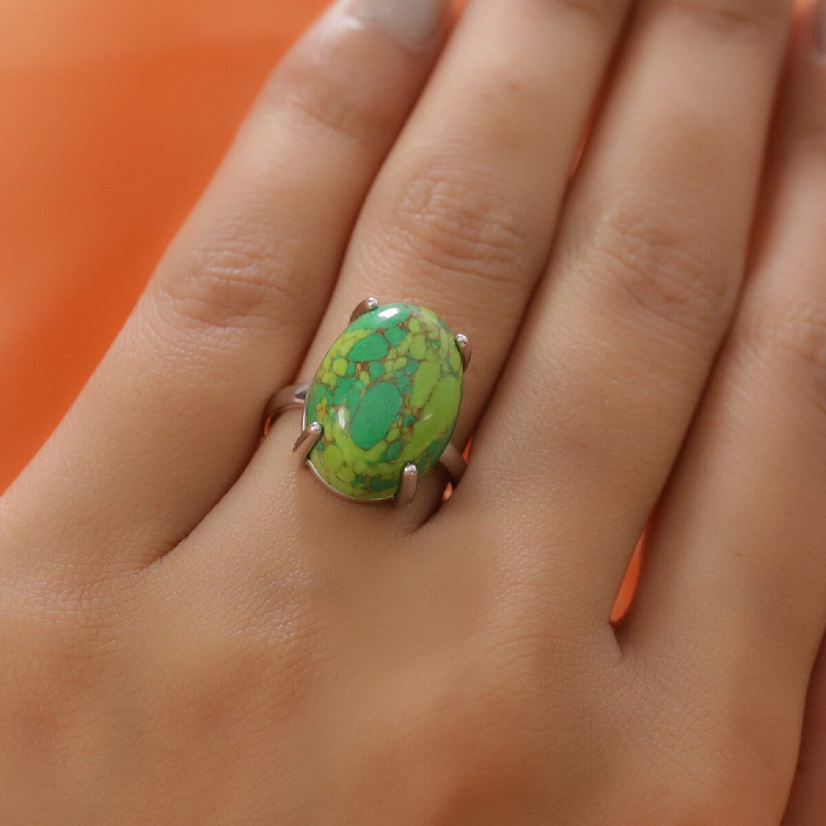 Green Mojave Turquoise Ring in Platinum Overlay Sterling Silver 10.75 Ct.
