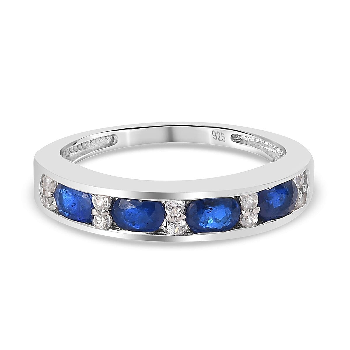 Tanzanian Blue Spinel and Natural Cambodian Zircon Half Eternity Band Ring in Platinum Overlay Sterling Silver 1.00 Ct.
