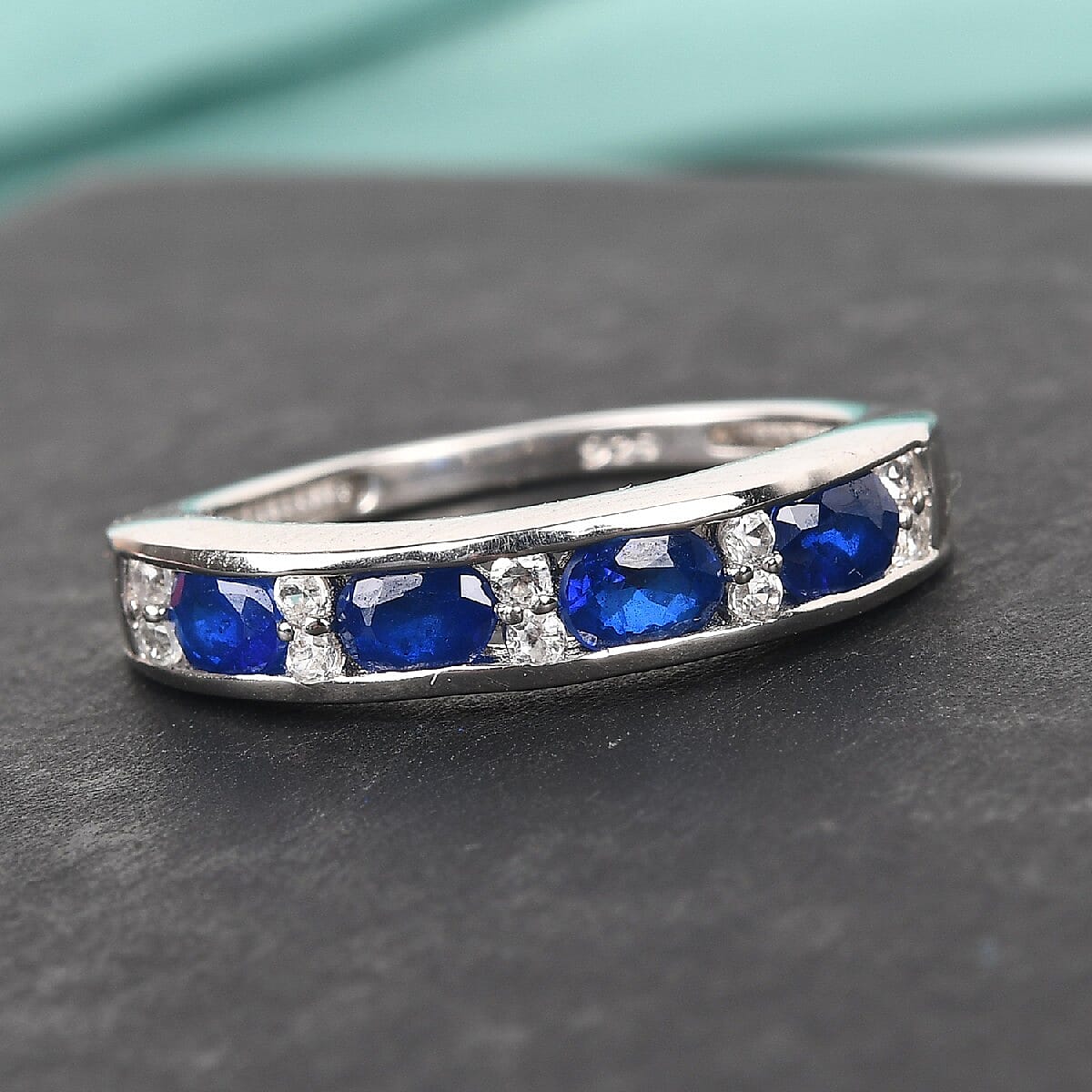 Tanzanian Blue Spinel and Natural Cambodian Zircon Half Eternity Band Ring in Platinum Overlay Sterling Silver 1.00 Ct.
