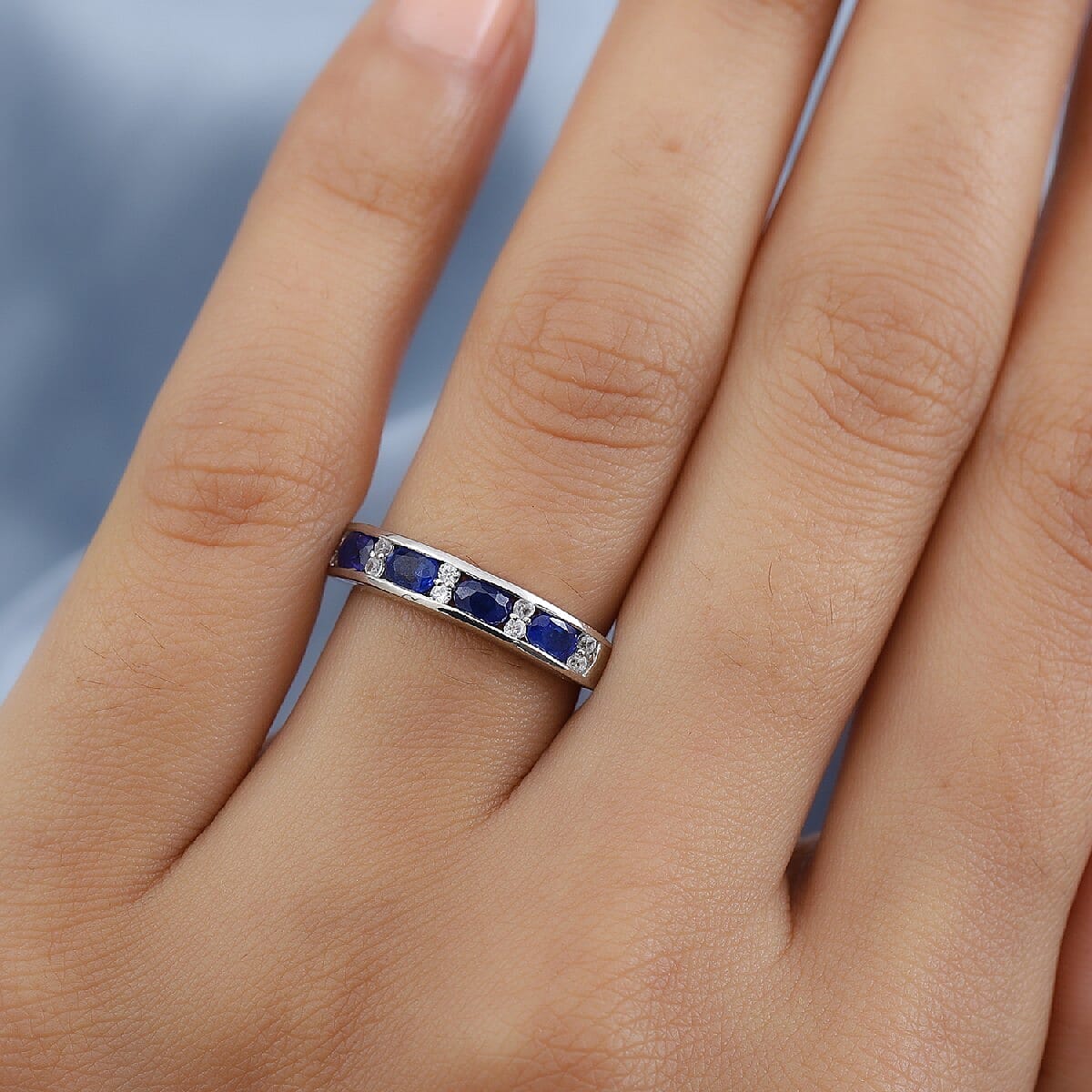 Tanzanian Blue Spinel and Natural Cambodian Zircon Half Eternity Band Ring in Platinum Overlay Sterling Silver 1.00 Ct.