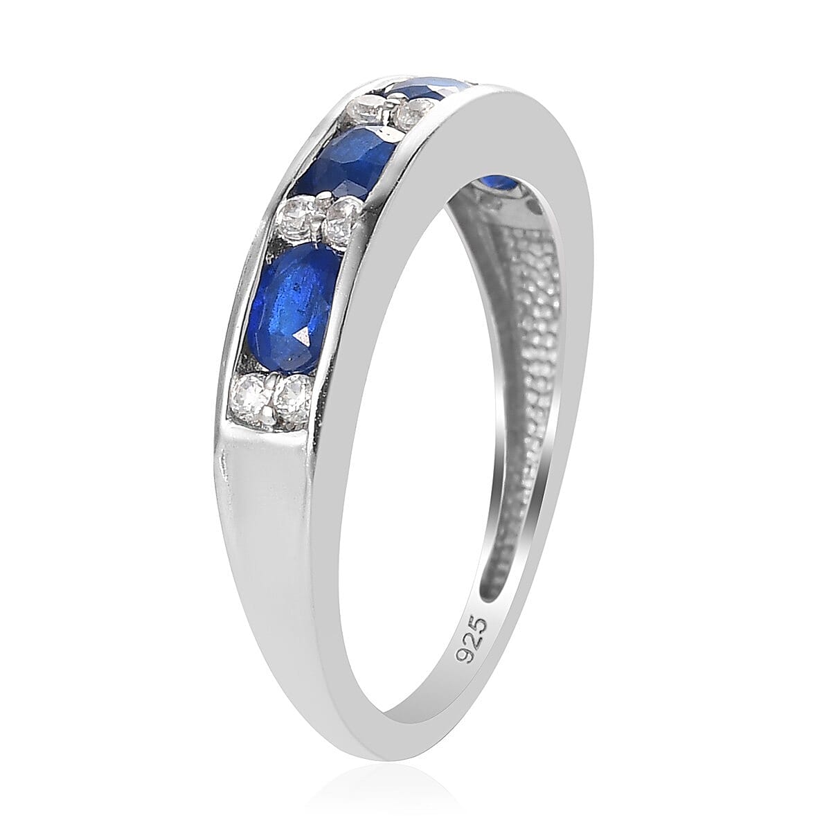 Tanzanian Blue Spinel and Natural Cambodian Zircon Half Eternity Band Ring in Platinum Overlay Sterling Silver 1.00 Ct.