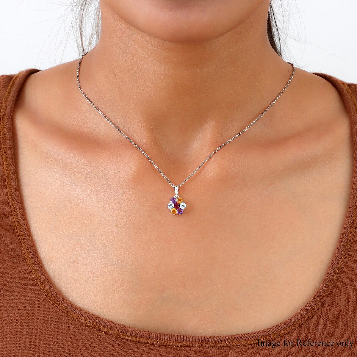 Citrine, Bolivian Amethyst, Skyblue Topaz and Rose Garnet Floral Pendant in Sterling Silver 1.520 Ct.