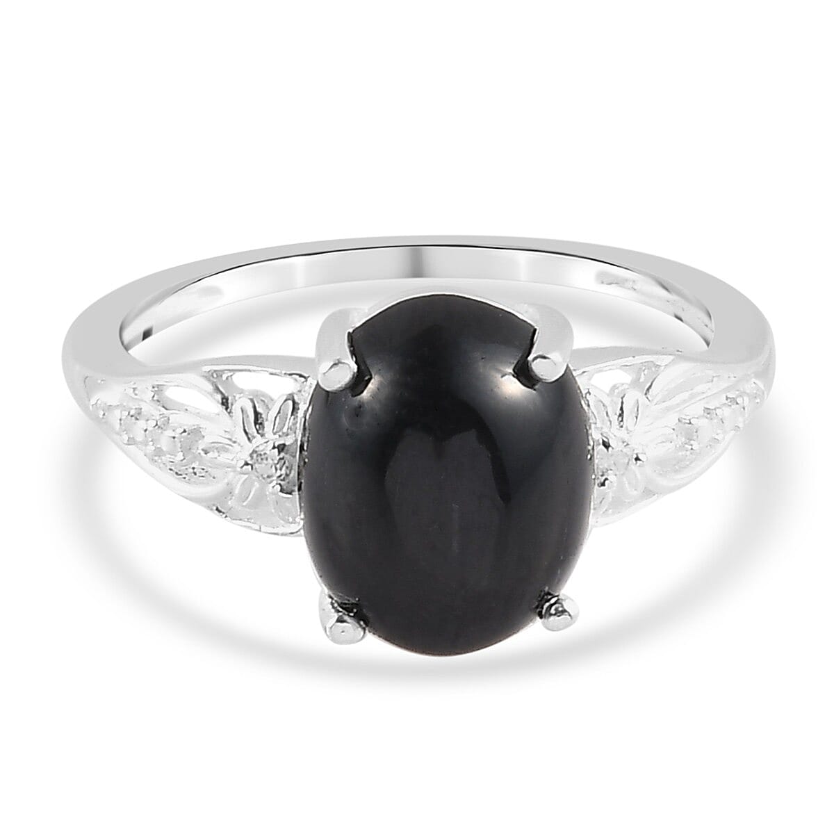 Black Star Diopside and Natural Cambodian Zircon Ring in Sterling Silver 3.02 Ct.