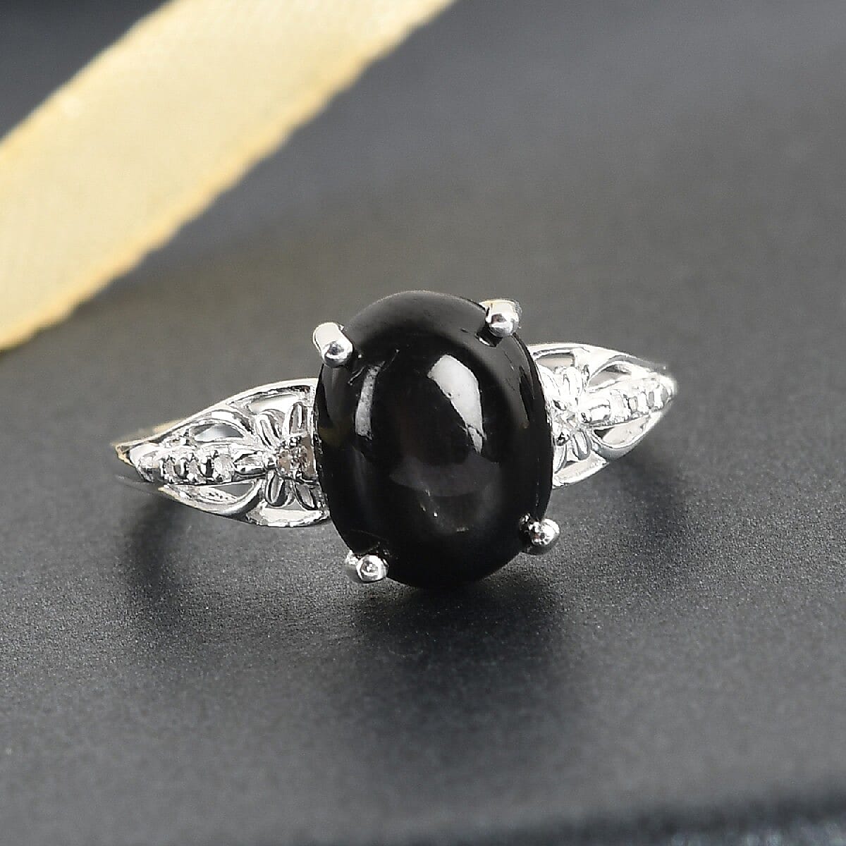 Black Star Diopside and Natural Cambodian Zircon Ring in Sterling Silver 3.02 Ct.
