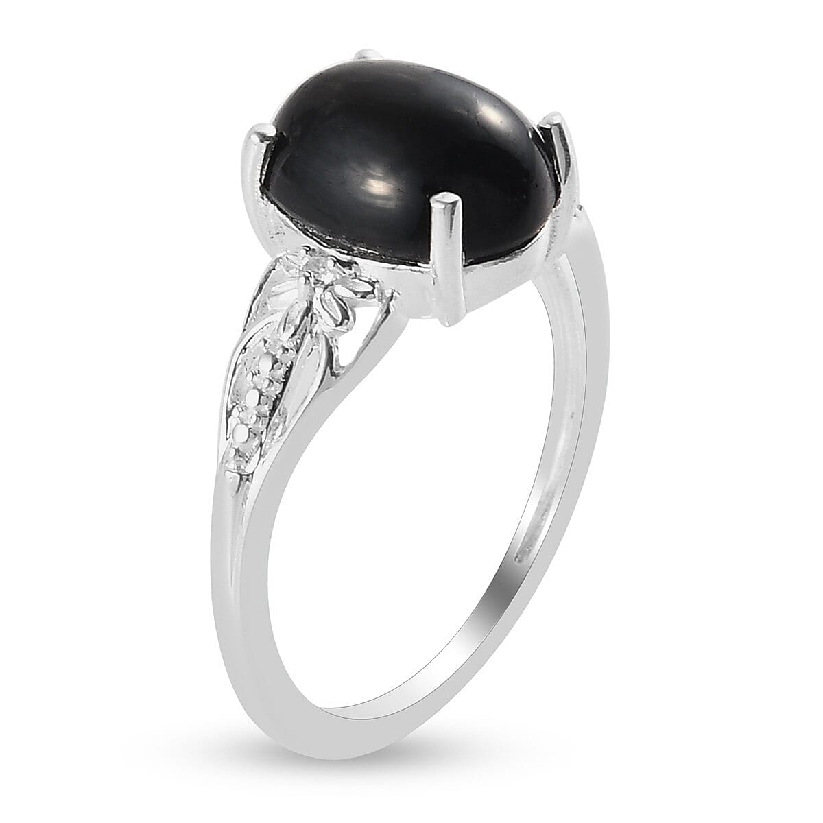 Black Star Diopside and Natural Cambodian Zircon Ring in Sterling Silver 3.02 Ct.