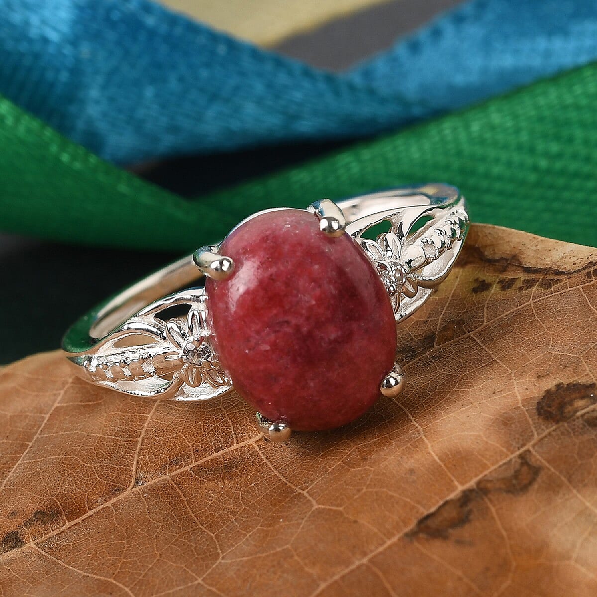 Thulite and Natural Cambodian Zircon Ring in Sterling Silver 3.02 Ct.