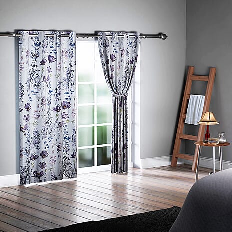 Set of 2 - Floral Pattern Blackout Curtain with 8 Eyelets (Size 140x240Cm) - Light Grey, Purple and Multi