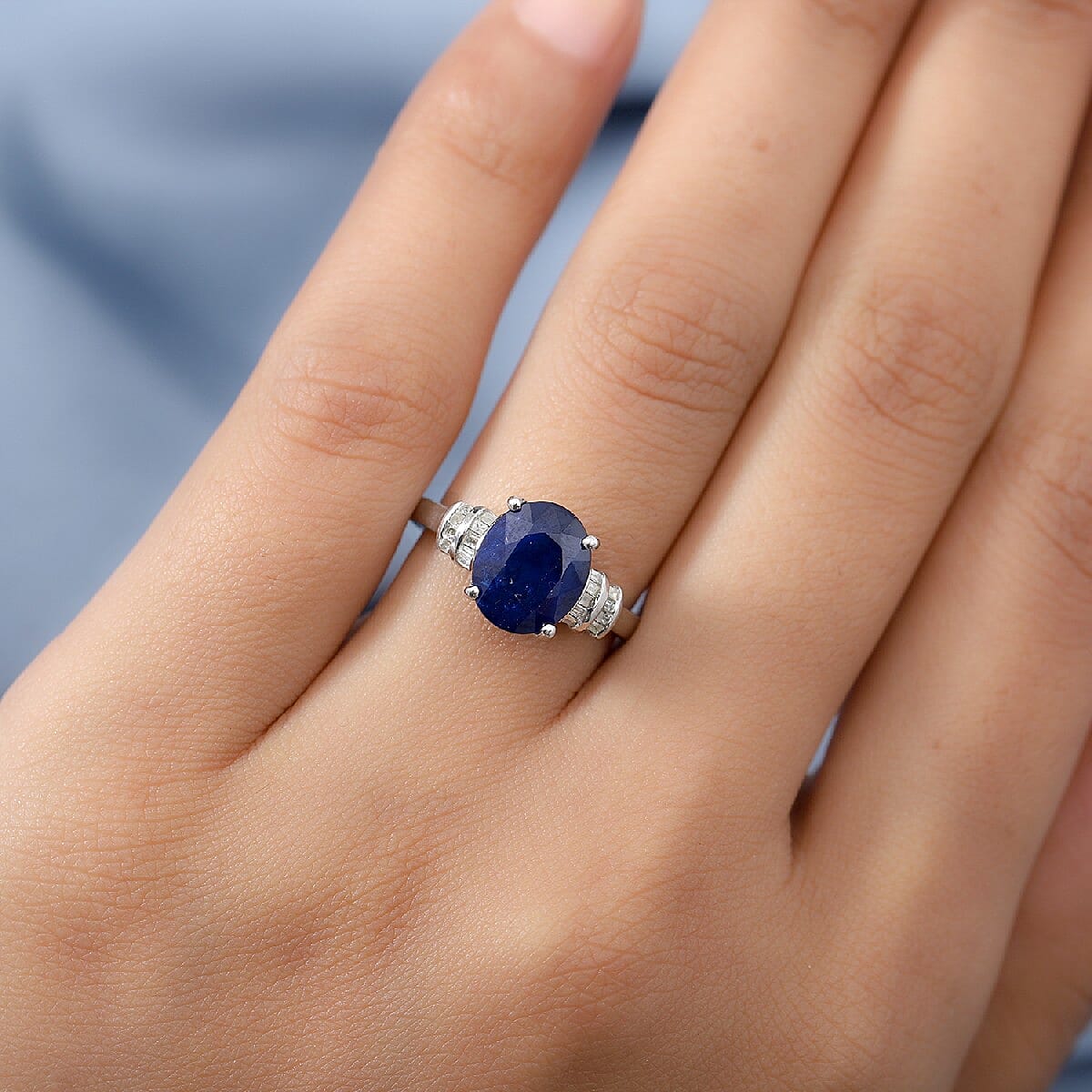Tanzanian Blue Spinel and Diamond Ring in Platinum Overlay Sterling Silver 3.07 Ct.
