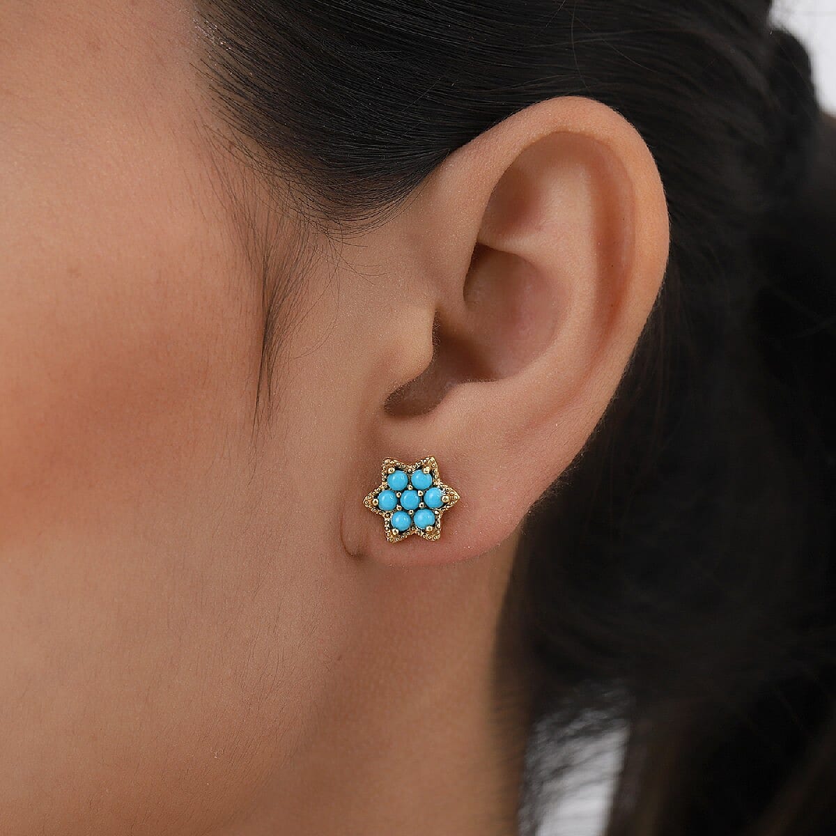 Arizona Sleeping Beauty Turquoise Cluster Stud Earrings (with Push Back) in 14K Gold Overlay Sterling Silver 1.050 Ct.