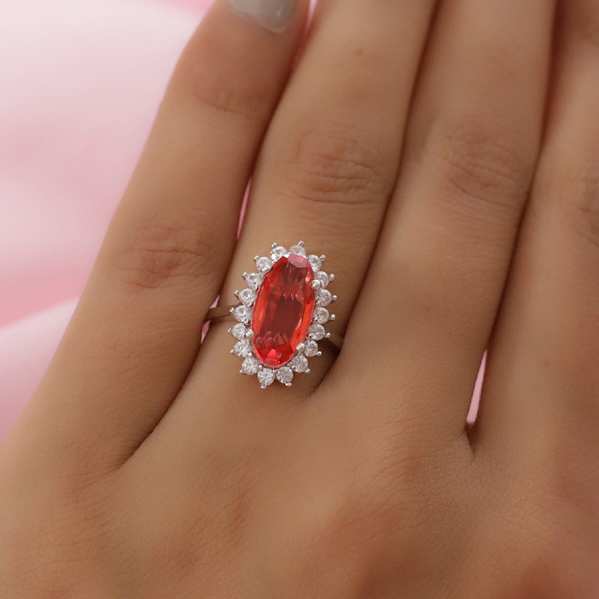 Padparadscha Triplet Quartz and Natural Cambodian Zircon Ring in Platinum Overlay Sterling Silver 4.66 Ct.