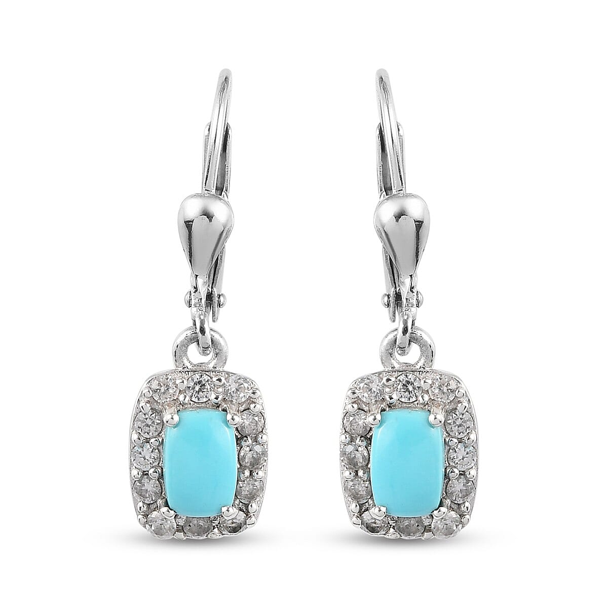 Arizona Sleeping Beauty Turquoise and Natural Cambodian Zircon Lever Back Halo Drop Earrings in Platinum Overlay Sterling Silver