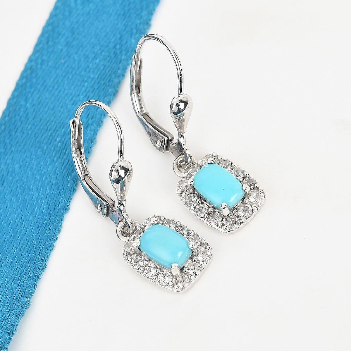 Arizona Sleeping Beauty Turquoise and Natural Cambodian Zircon Lever Back Halo Drop Earrings in Platinum Overlay Sterling Silver