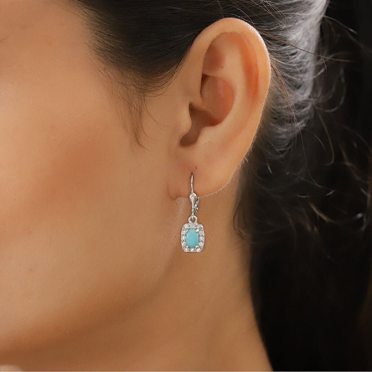 Arizona Sleeping Beauty Turquoise and Natural Cambodian Zircon Lever Back Halo Drop Earrings in Platinum Overlay Sterling Silver