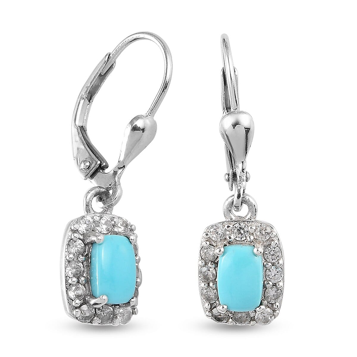 Arizona Sleeping Beauty Turquoise and Natural Cambodian Zircon Lever Back Halo Drop Earrings in Platinum Overlay Sterling Silver