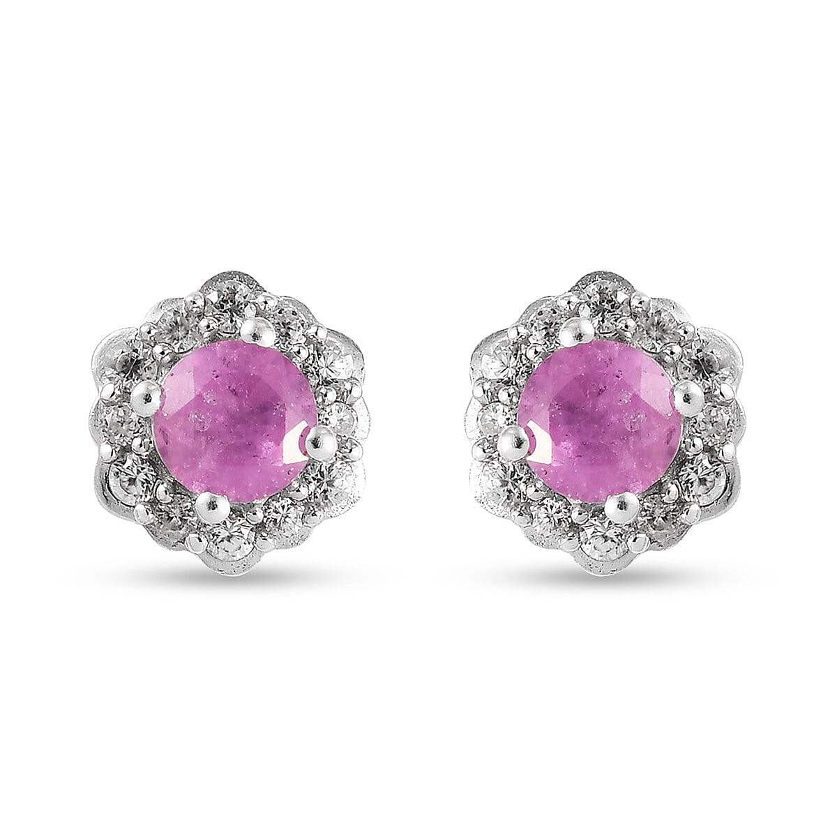 Pink Sapphire and Natural Cambodian Zircon Floral Stud Earrings (with Push Back) in Platinum Overlay Sterling Silver 2.00 Ct.