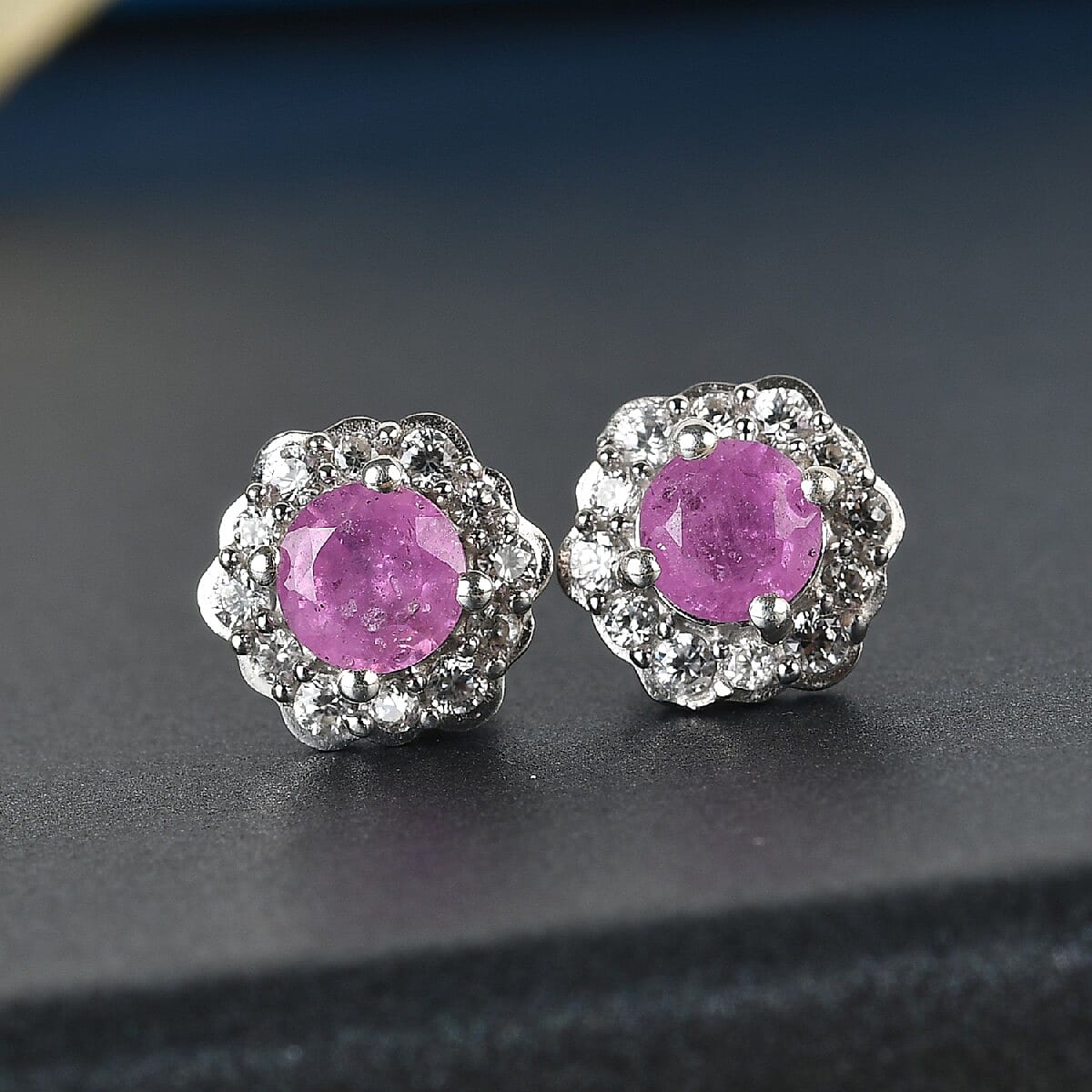 Pink Sapphire and Natural Cambodian Zircon Floral Stud Earrings (with Push Back) in Platinum Overlay Sterling Silver 2.00 Ct.