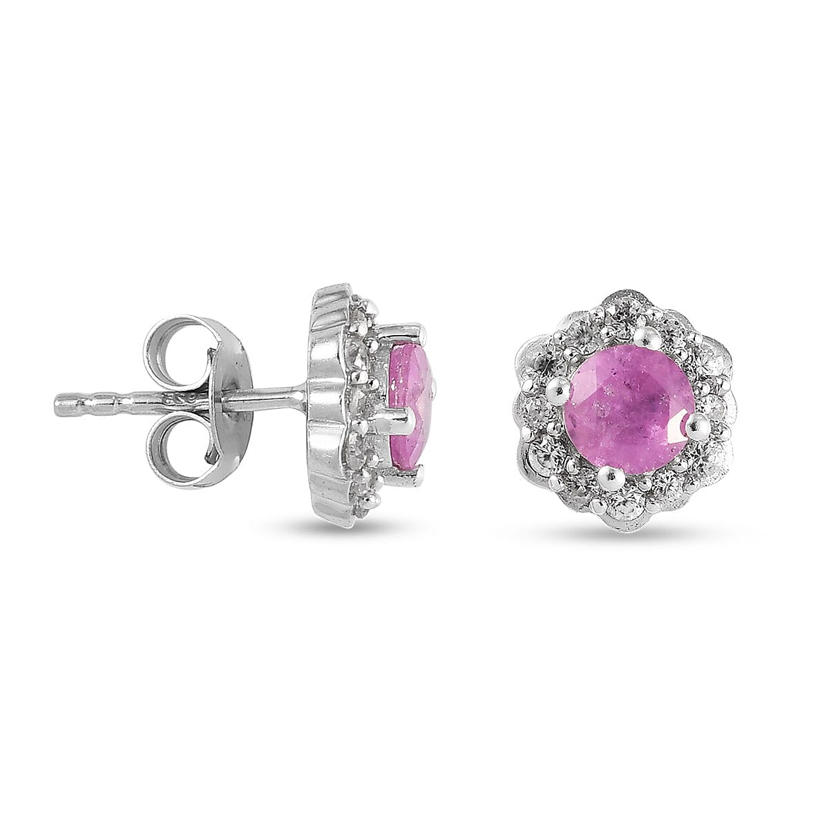 Pink Sapphire and Natural Cambodian Zircon Floral Stud Earrings (with Push Back) in Platinum Overlay Sterling Silver 2.00 Ct.