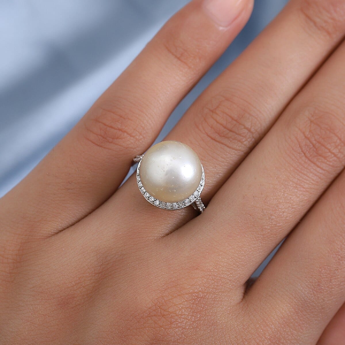 Bairut Pearl and Natural Cambodian Zircon Ring in Platinum Overlay Sterling Silver