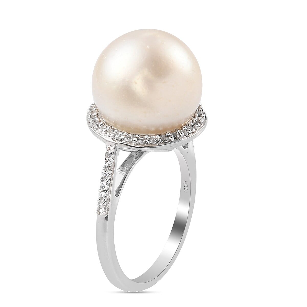 Bairut Pearl and Natural Cambodian Zircon Ring in Platinum Overlay Sterling Silver