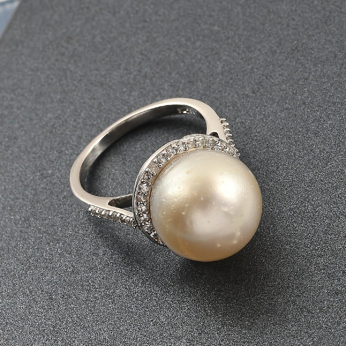 Bairut Pearl and Natural Cambodian Zircon Ring in Platinum Overlay Sterling Silver
