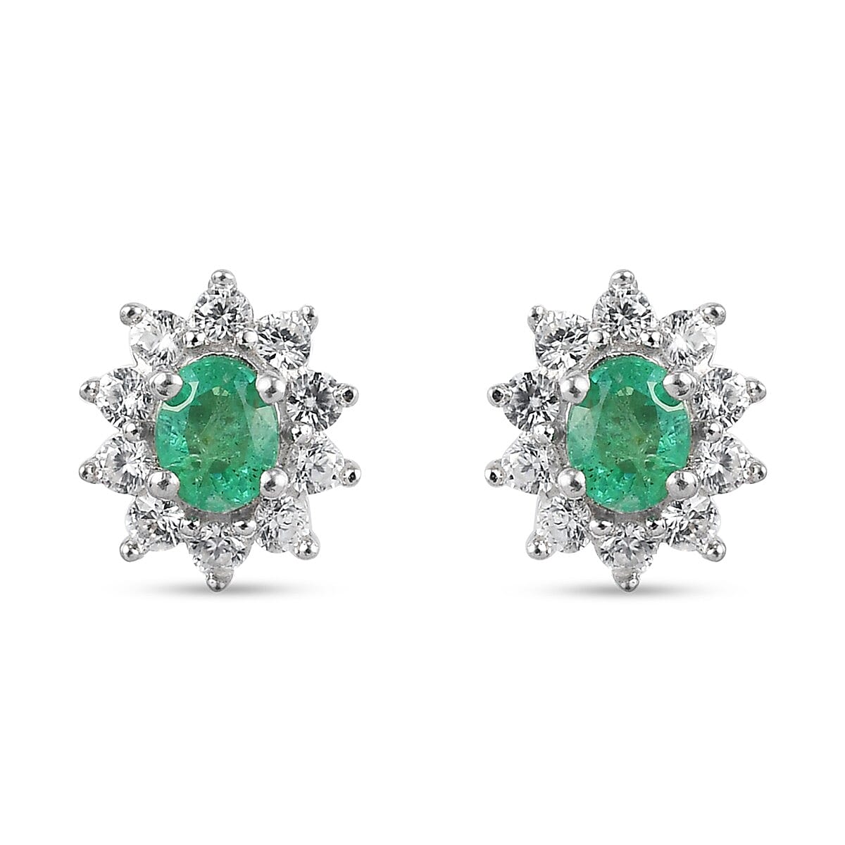 Premium Kagem Zambian Emerald and Natural Cambodian Zircon Sun Halo Stud Earrings (with Push Back) in Platinum Overlay Sterling Silver