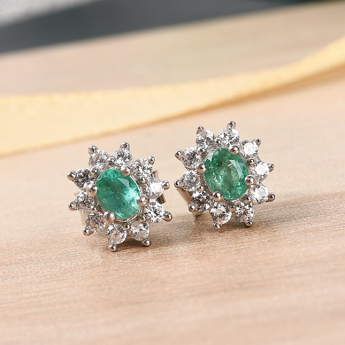 Premium Kagem Zambian Emerald and Natural Cambodian Zircon Sun Halo Stud Earrings (with Push Back) in Platinum Overlay Sterling Silver