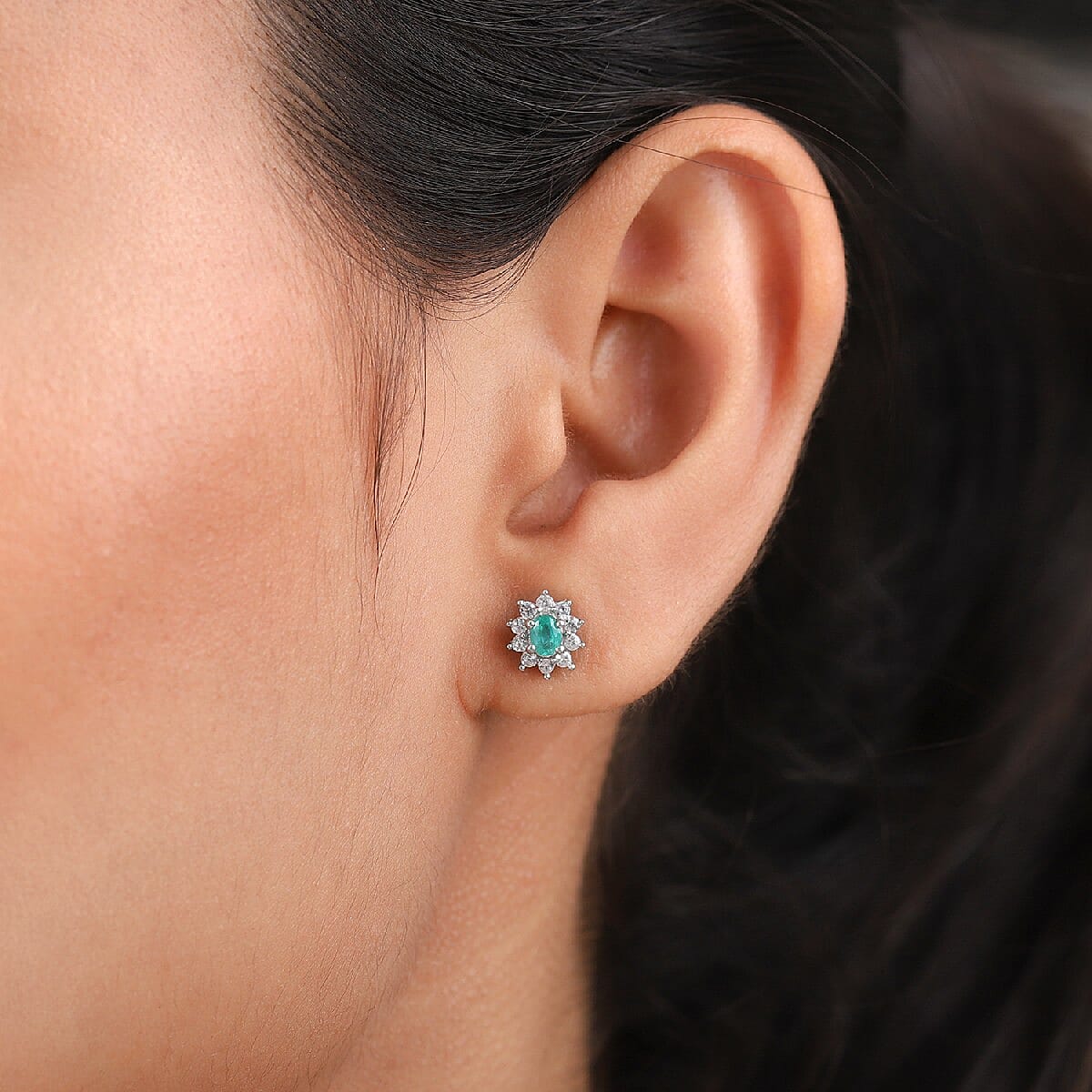 Premium Kagem Zambian Emerald and Natural Cambodian Zircon Sun Halo Stud Earrings (with Push Back) in Platinum Overlay Sterling Silver