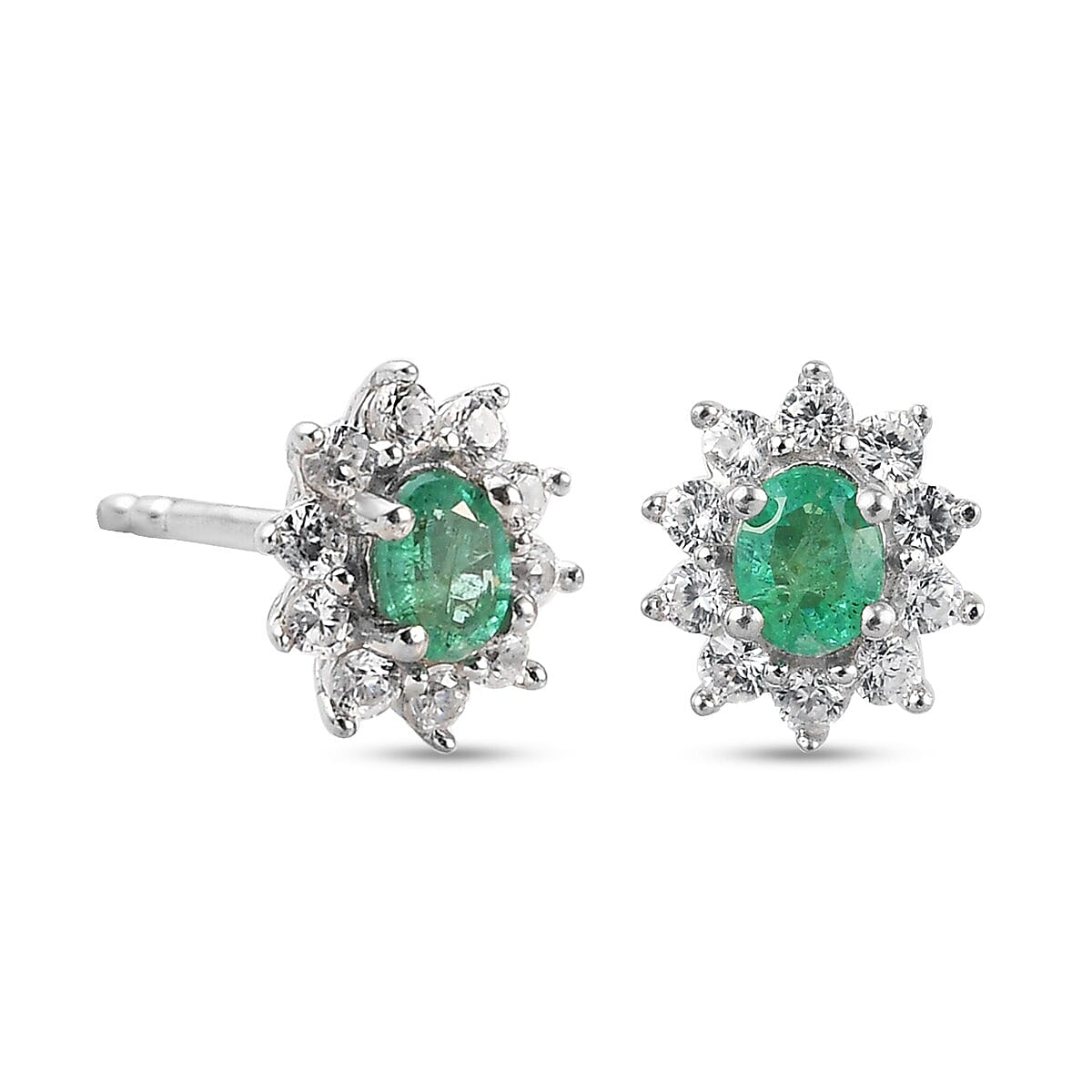 Premium Kagem Zambian Emerald and Natural Cambodian Zircon Sun Halo Stud Earrings (with Push Back) in Platinum Overlay Sterling Silver