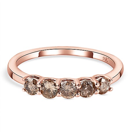 9K Rose Gold SGL Certified Champagne Diamond (I3) 5 Diamond Ring 0.50 Ct.