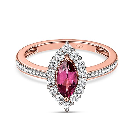 Tanzanian Wine Garnet & Natural Zircon Halo Ring in 18K Vermeil Rose Gold Plated Sterling Silver 1.20 Ct.
