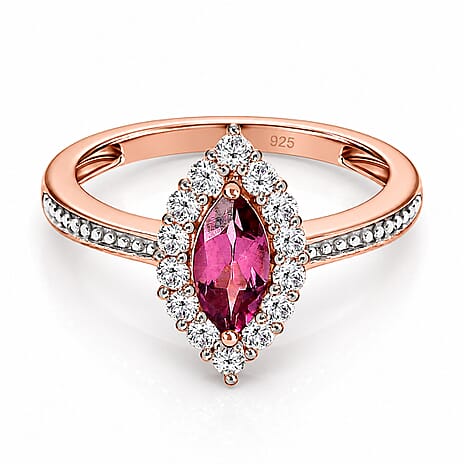 D'Joy - Tanzanian Wine Garnet and Natural Zircon Halo Ring in 18K Vermeil Rose Gold Plated Sterling Silver 1.00 Ct.