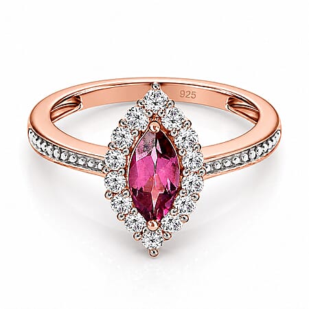 D'Joy - Tanzanian Wine Garnet and Natural Zircon Halo Ring in 18K Vermeil Rose Gold Plated Sterling Silver 1.00 Ct. D'Joy - Tanzanian Wine Garnet and Natural Zircon Halo Ring in 18K Vermeil Rose Gold Plated Sterling Silver 1.00 Ct.