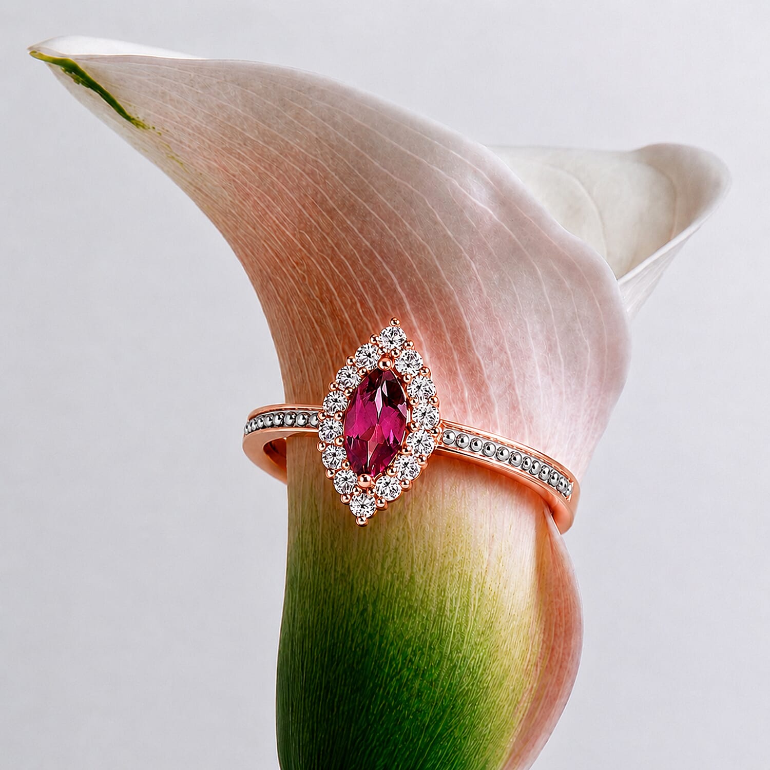 D'Joy - Tanzanian Wine Garnet and Natural Zircon Halo Ring in 18K Vermeil Rose Gold Plated Sterling Silver 1.00 Ct.