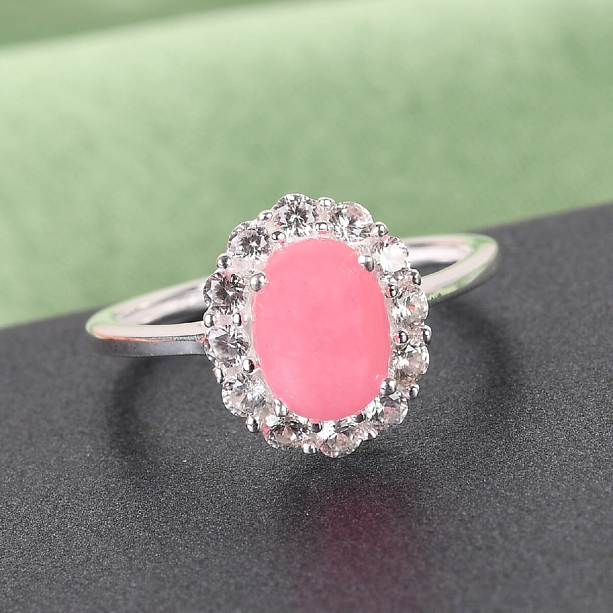 Pink Jade and Natural Cambodian Zircon Halo Ring in Sterling Silver 1.93 Ct.