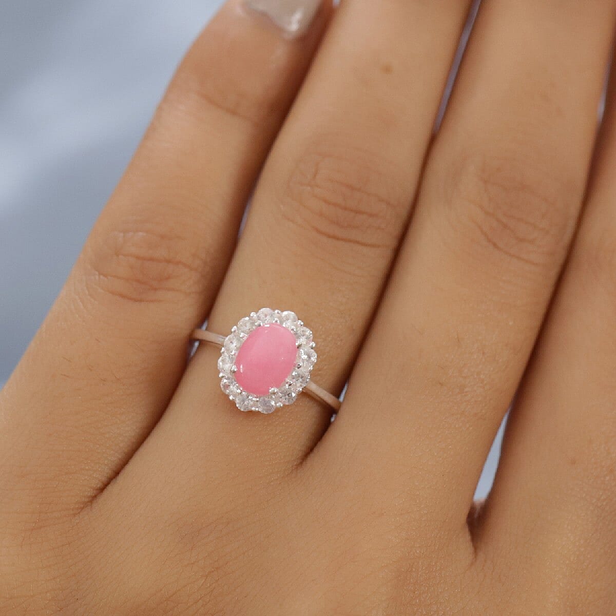 Pink Jade and Natural Cambodian Zircon Halo Ring in Sterling Silver 1.93 Ct.