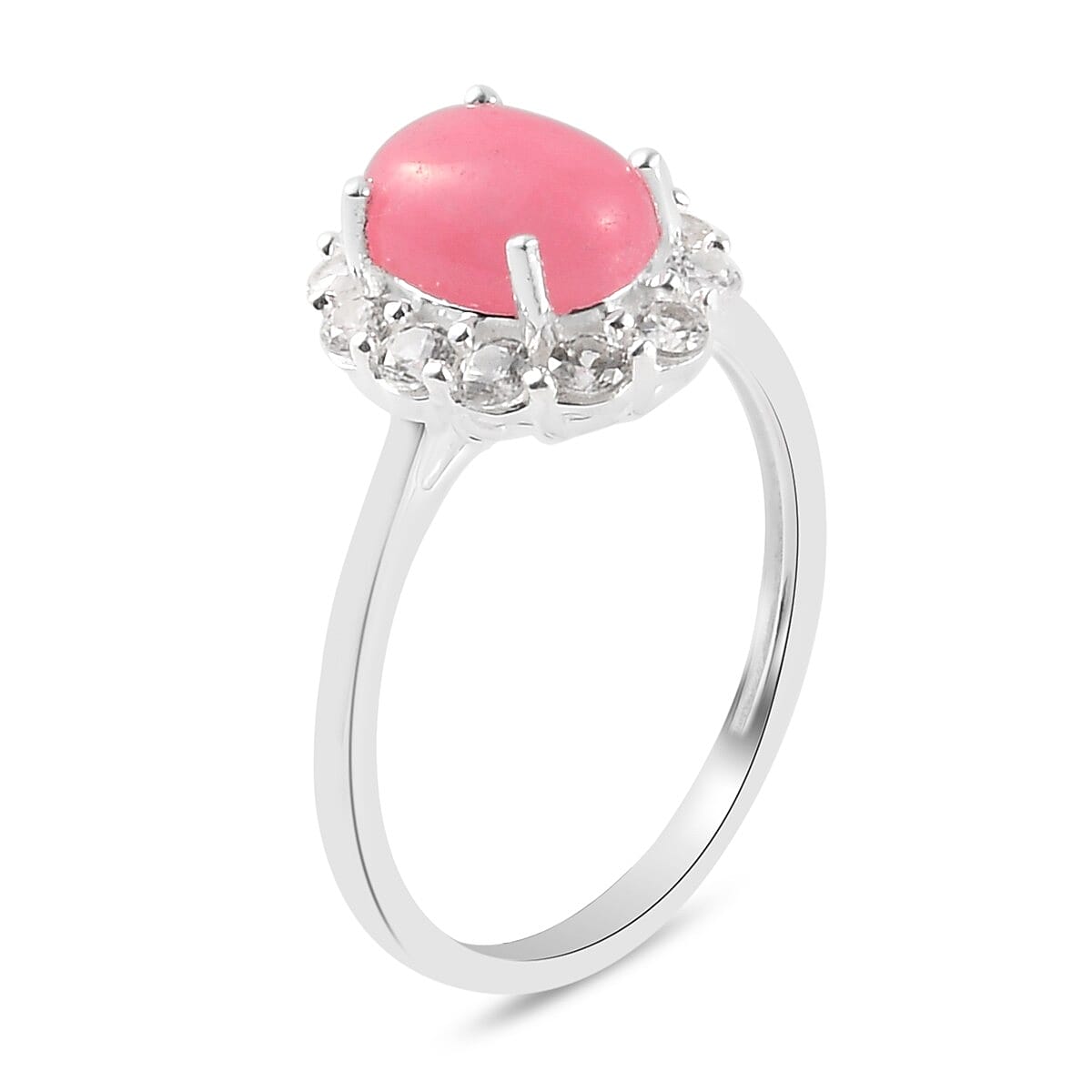 Pink Jade and Natural Cambodian Zircon Halo Ring in Sterling Silver 1.93 Ct.