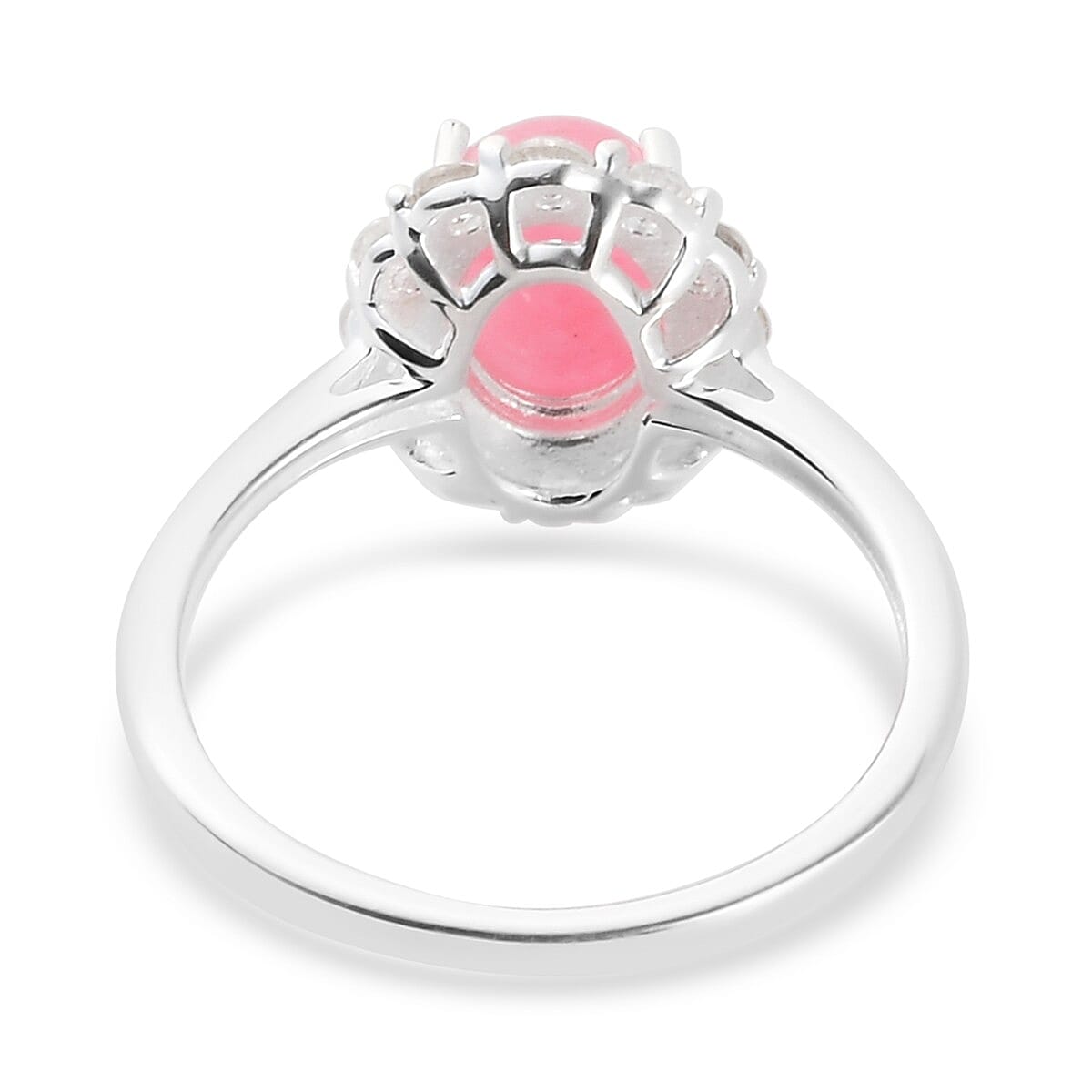 Pink Jade and Natural Cambodian Zircon Halo Ring in Sterling Silver 1.93 Ct.