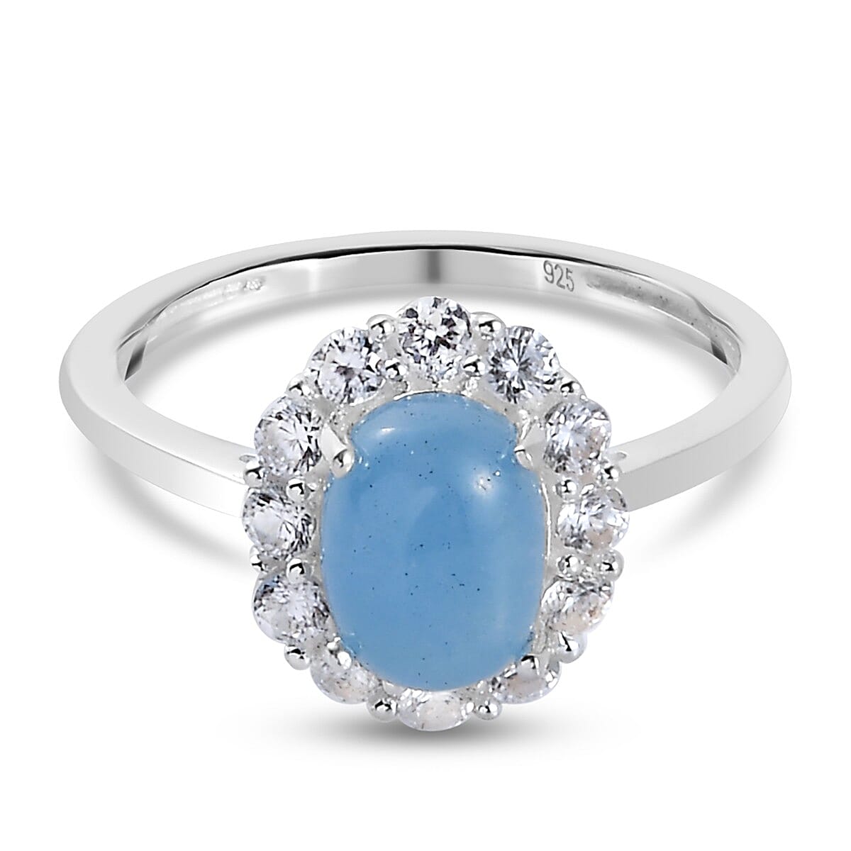 Blue Jade and Natural Cambodian Zircon Halo Ring in Sterling Silver 2.18 Ct.