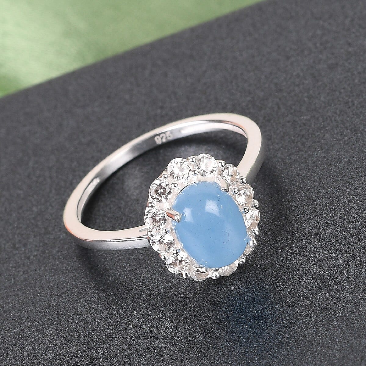 Blue Jade and Natural Cambodian Zircon Halo Ring in Sterling Silver 2.18 Ct.
