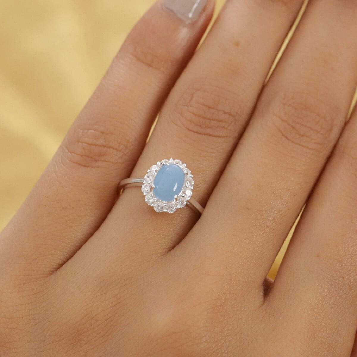 Blue Jade and Natural Cambodian Zircon Halo Ring in Sterling Silver 2.18 Ct.