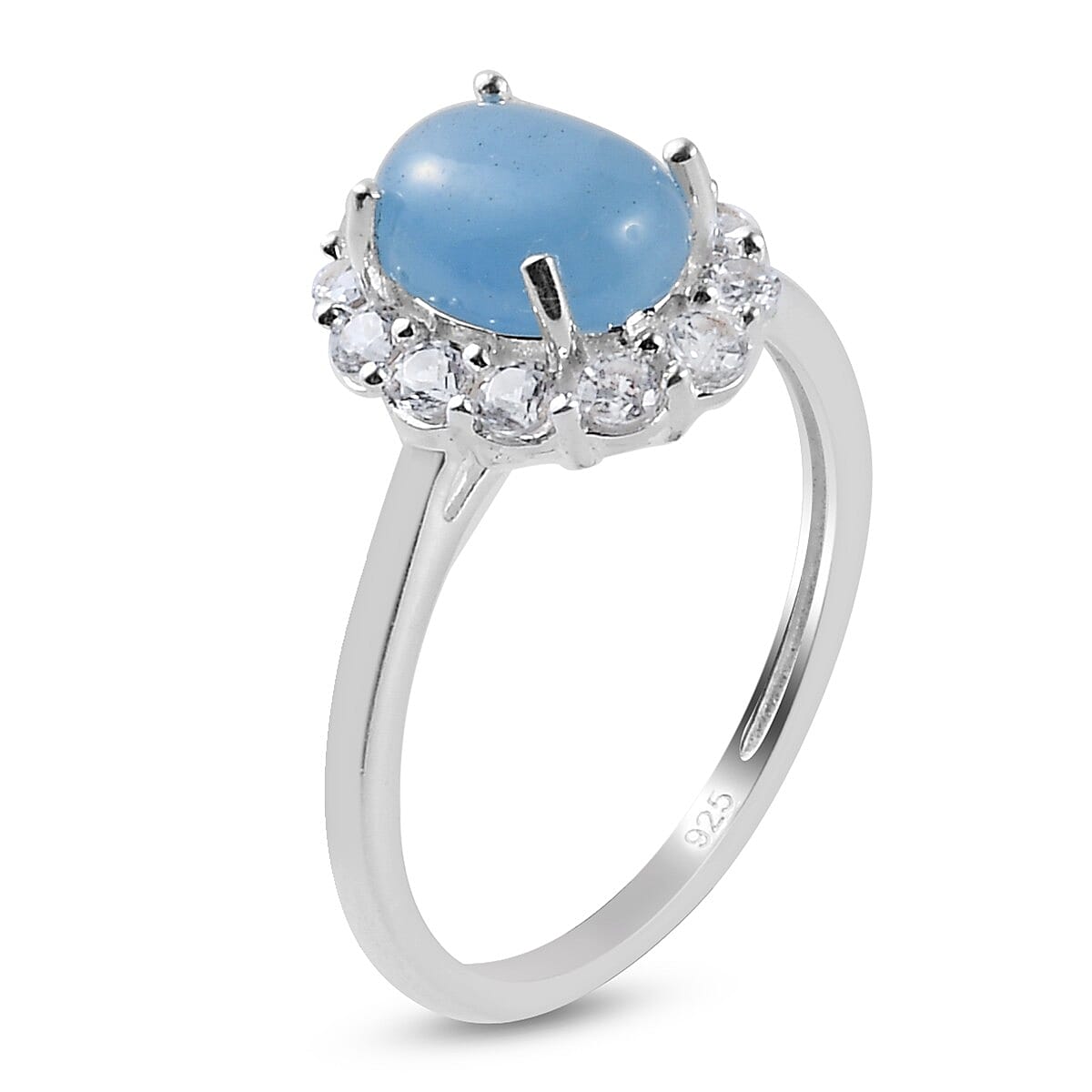 Blue Jade and Natural Cambodian Zircon Halo Ring in Sterling Silver 2.18 Ct.