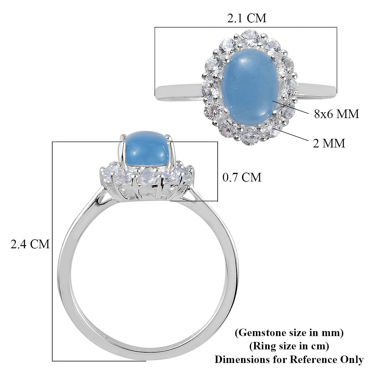 Blue Jade and Natural Cambodian Zircon Halo Ring in Sterling Silver 2.18 Ct.