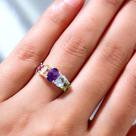 Skyblue Topaz & Multi Gemstone 5 Stone Ring in Sterling Silver 2.31 Ct.