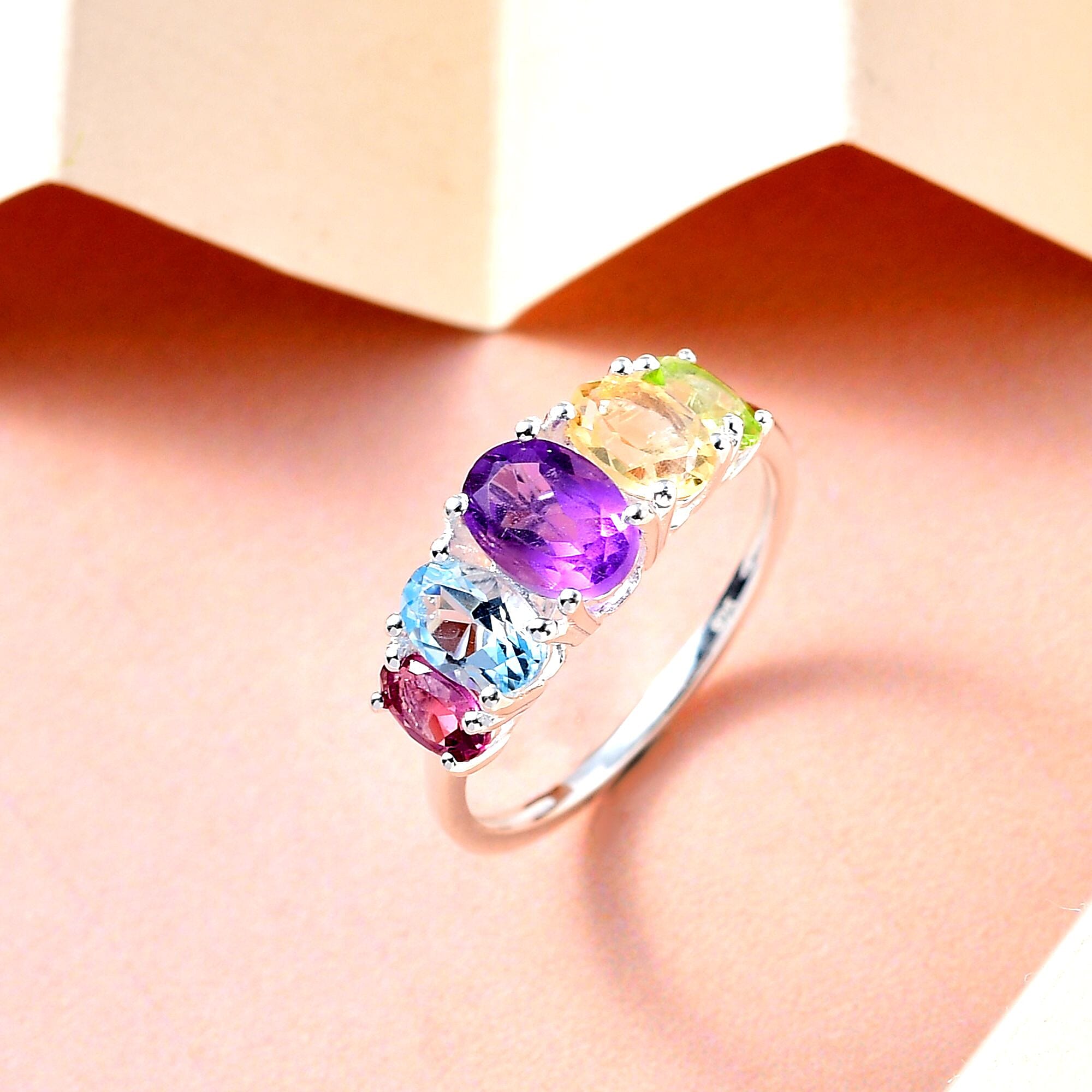 Mozambique Garnet & Amethyst and Multi Gemstone Five Stone Ring in Sterling Silver