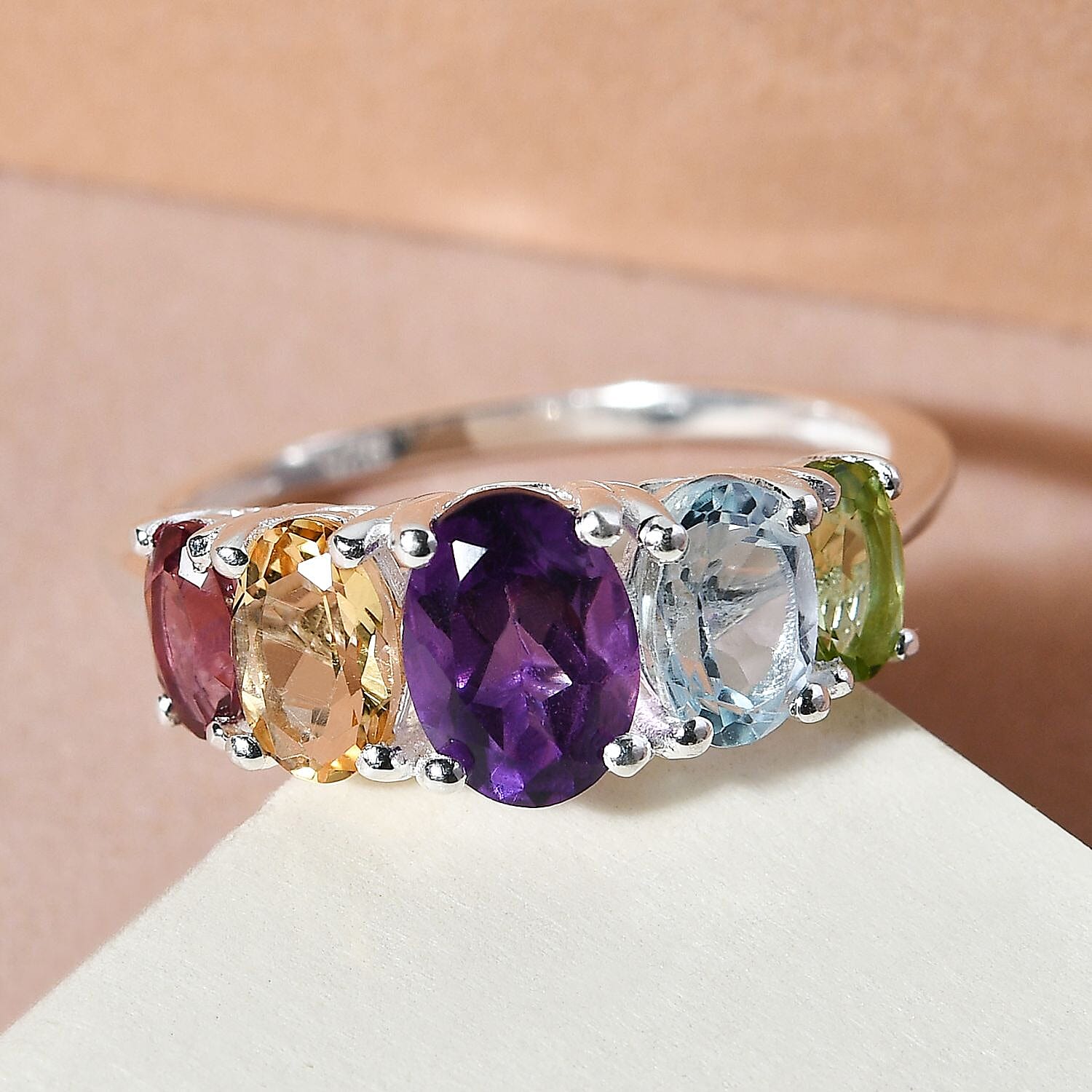 Mozambique Garnet & Amethyst and Multi Gemstone Five Stone Ring in Sterling Silver