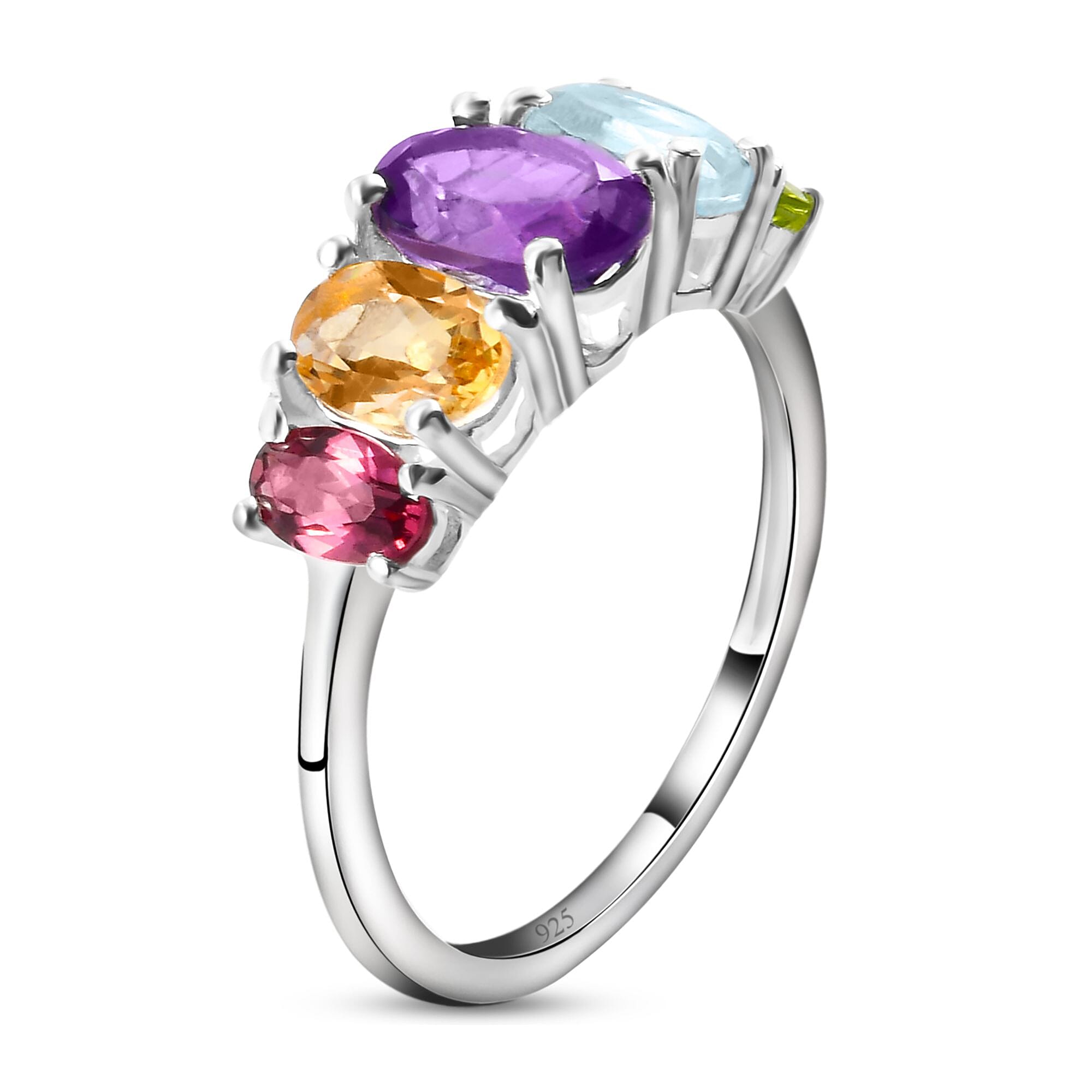 Mozambique Garnet & Amethyst and Multi Gemstone Five Stone Ring in Sterling Silver